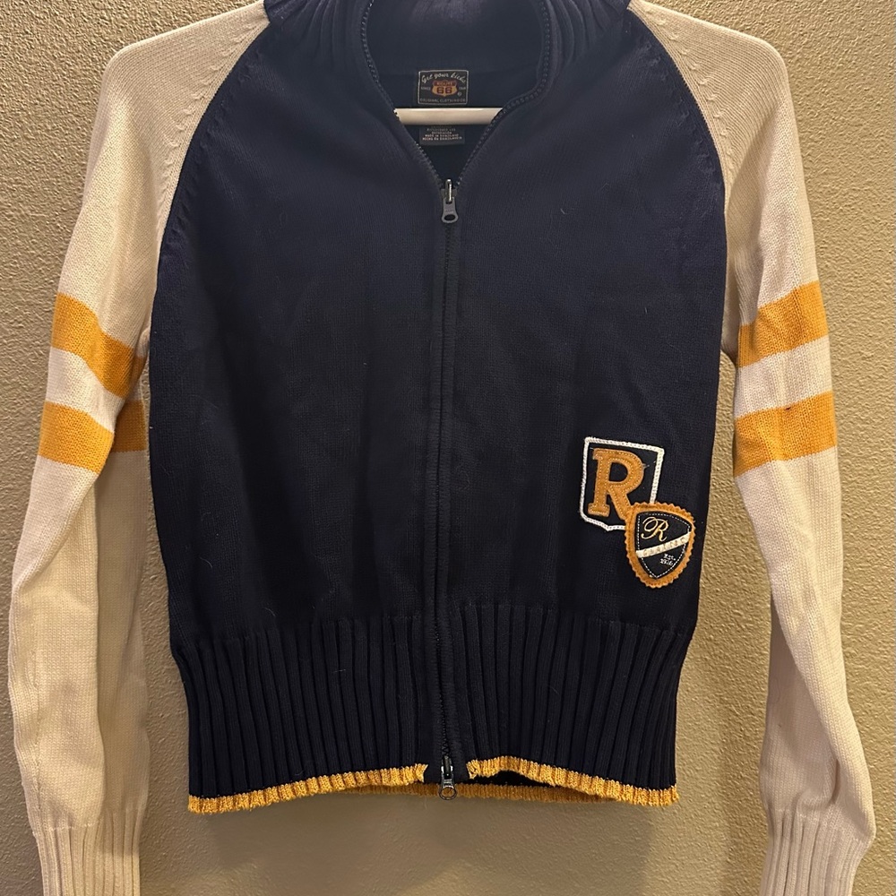 Route 66 Navy Zip-Up Sweater with Cream & Gold Logo